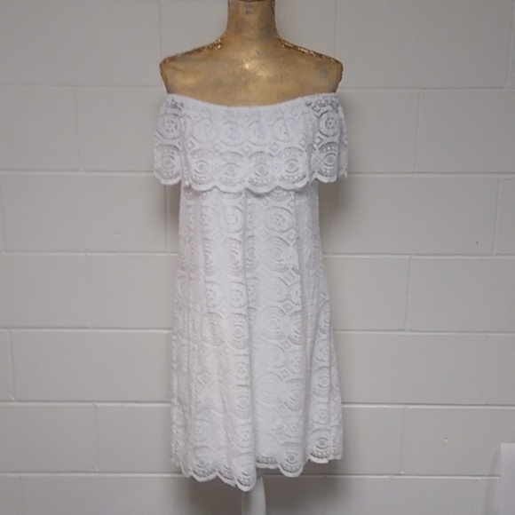 RN STUDIO LACE, ON OR OFF SHOULDER, SCALLOP HEM & RUFFLE TOP DRESS - Picture 1 of 11